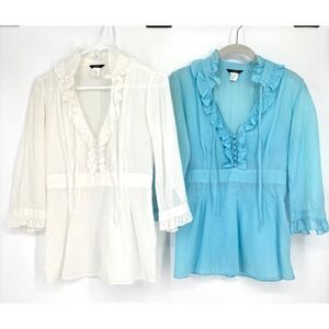 J. Crew‎ BUNDLE - Two Ruffle Neck Tiered Tunic Tops Sz 2 Tall White Blue Light